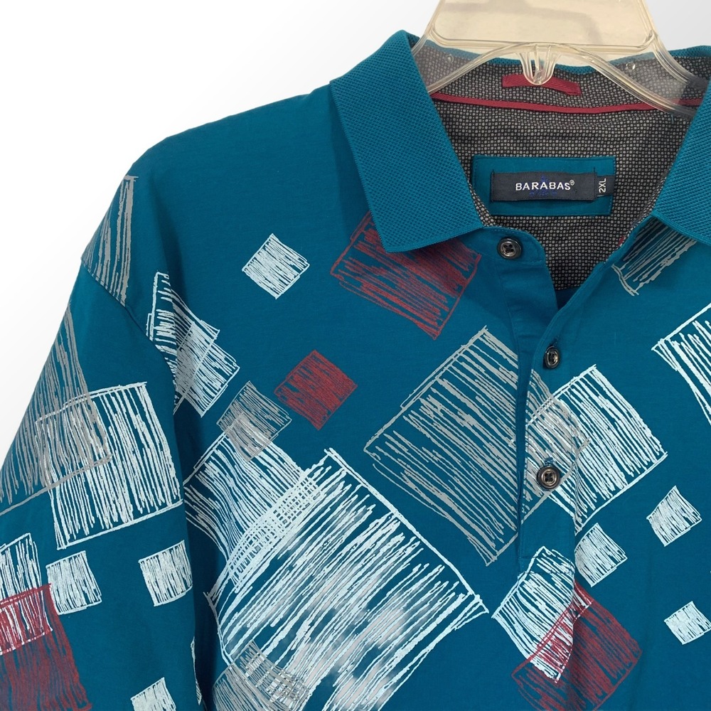 Barabas Men's 2XL‎ Polo Shirt Teal Blue White Abstract Geometric Squares Stretch - Picture 3 of 8